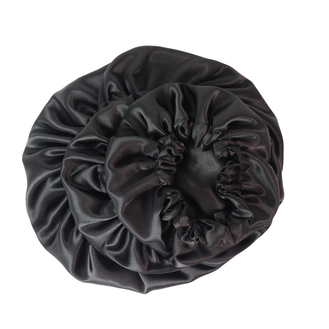 Bonnet de nuit en satin noir de taille petite, médium et grande.